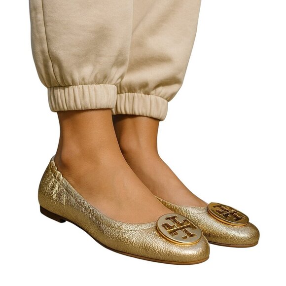 Tory Burch Reva Flats Gold Crinkle Leather Gold Logo Minnie Women's 6.5 M - Picture 1 of 12